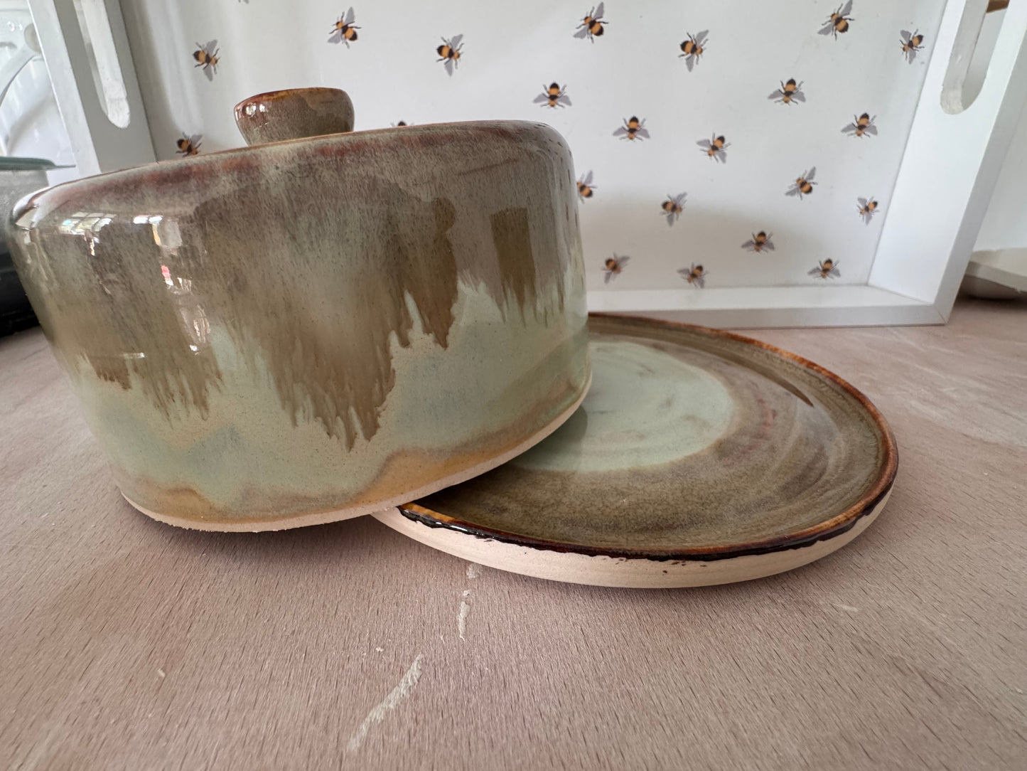 Butter dish (pale greens/ browns)